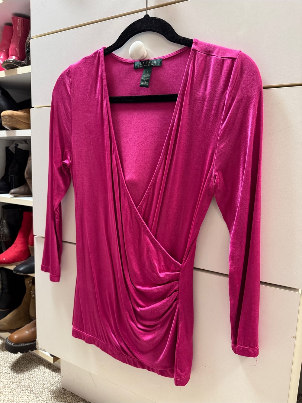 Lauren Ralph Lauren Fuchsia Surplice Draped Long Sleeve Top
